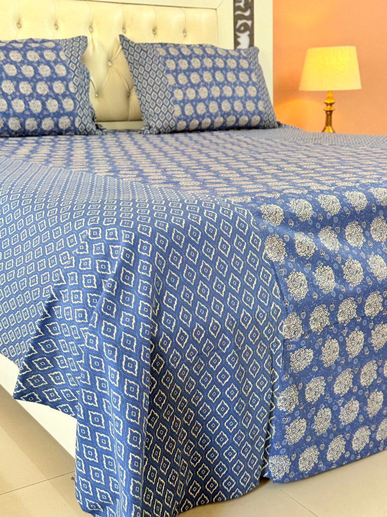 Blue and White Floral Pattern Ajrakh Bedsheet