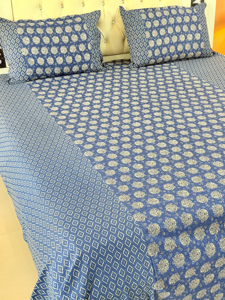 Blue and White Floral Pattern Ajrakh Bedsheet