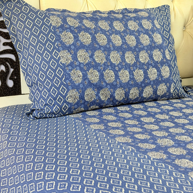Blue and White Floral Pattern Ajrakh Bedsheet