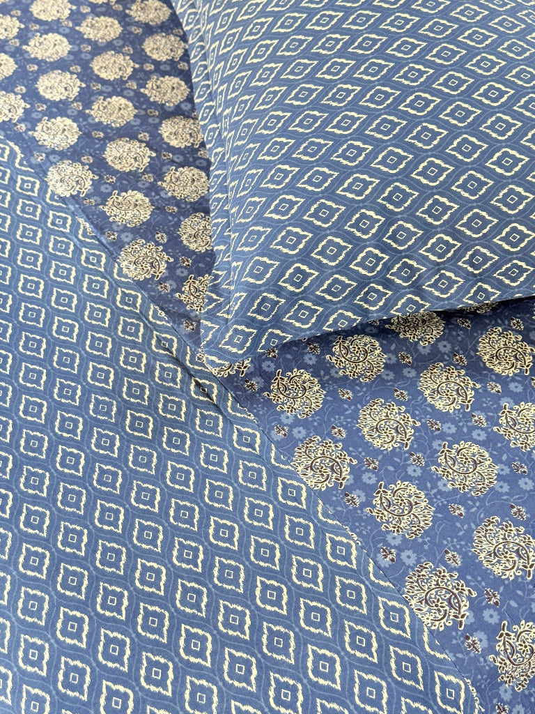 Blue and White Floral Pattern Ajrakh Bedsheet