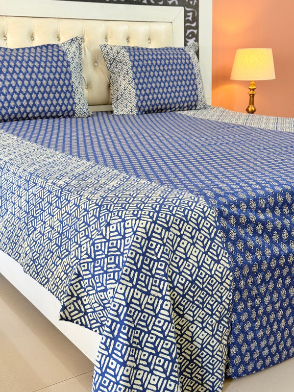 Blue and White Floral Pattern Ajrakh Bedsheet