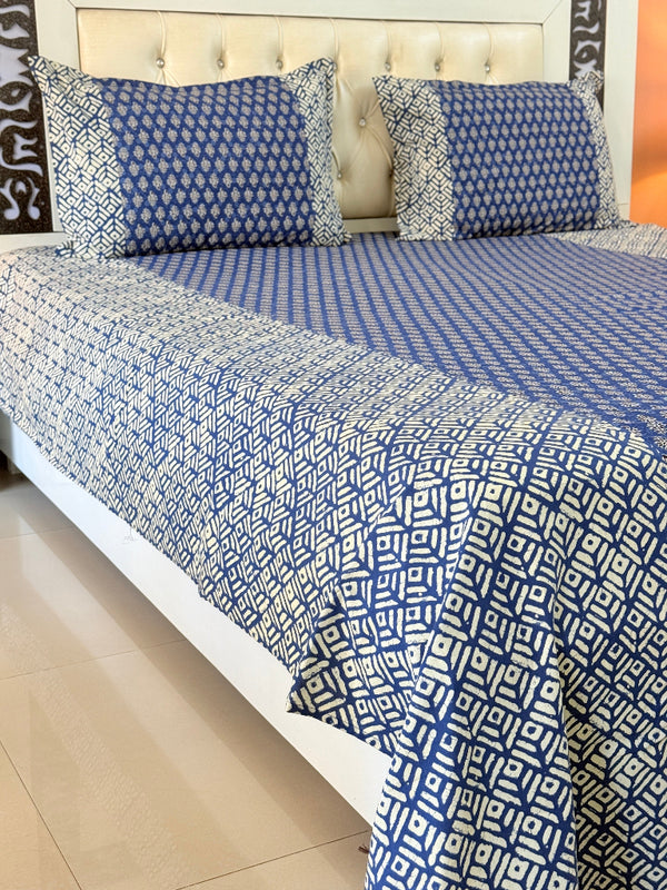 Blue and White Floral Pattern Ajrakh Bedsheet