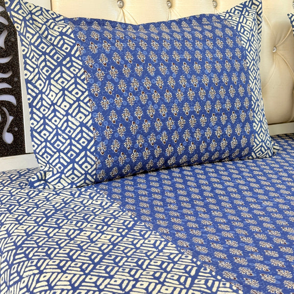 Blue and White Floral Pattern Ajrakh Bedsheet
