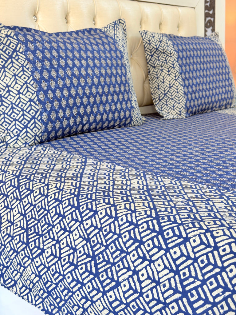 Blue and White Floral Pattern Ajrakh Bedsheet
