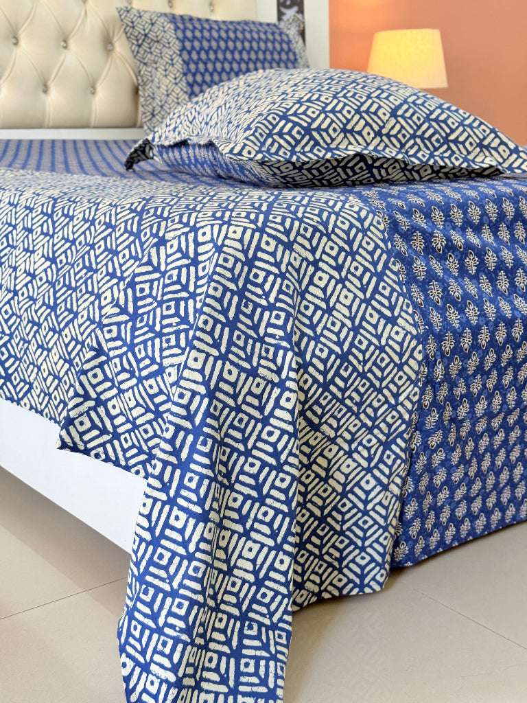 Blue and White Floral Pattern Ajrakh Bedsheet