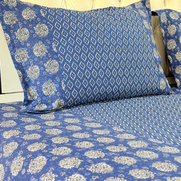 Blue and White Florals Ajrakh Bedsheet