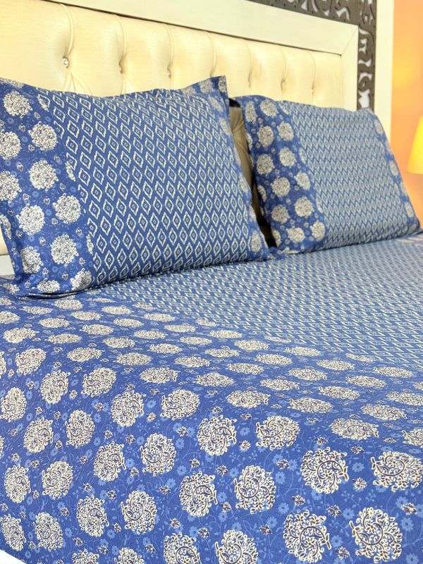 Blue and White Florals Ajrakh Bedsheet