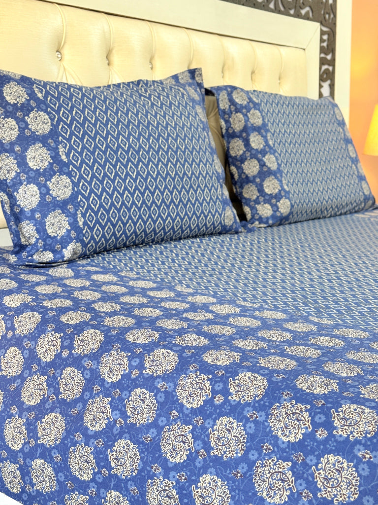 Blue and White Florals Ajrakh Bedsheet
