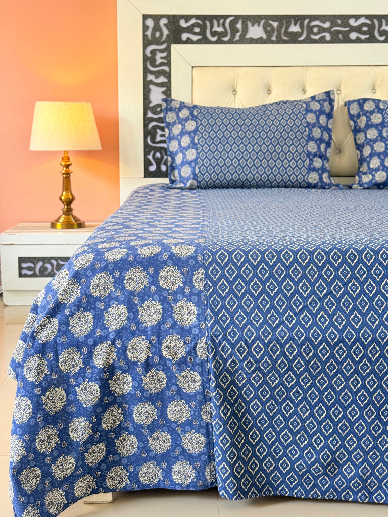 Blue and White Florals Ajrakh Bedsheet