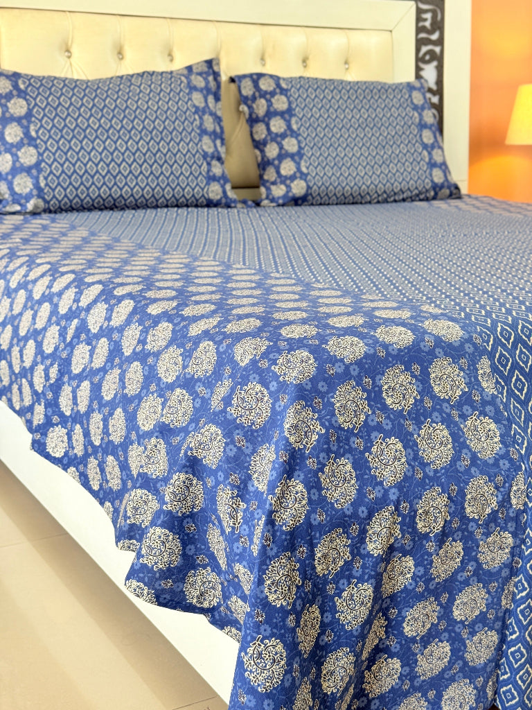 Blue and White Florals Ajrakh Bedsheet