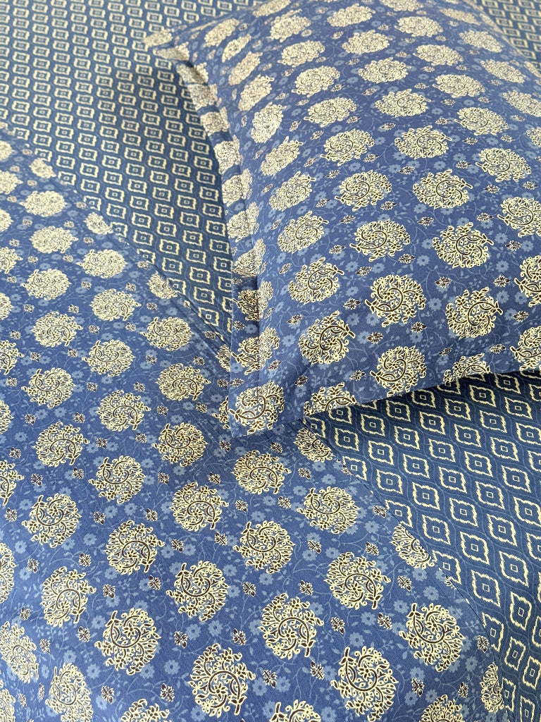 Blue and White Florals Ajrakh Bedsheet
