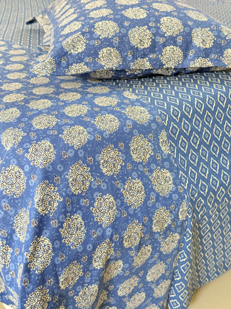 Blue and White Florals Ajrakh Bedsheet