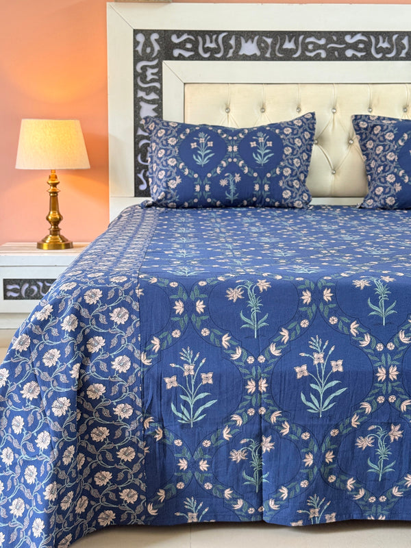 Blue and White Floral Grid Ajrakh Bedsheet