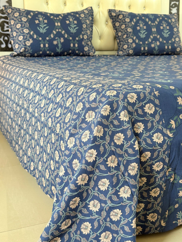 Blue and White Floral Grid Ajrakh Bedsheet