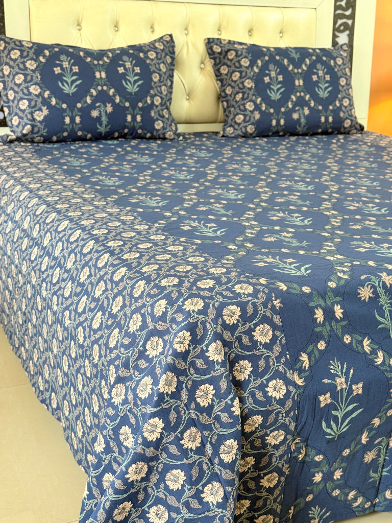 Blue and White Floral Grid Ajrakh Bedsheet