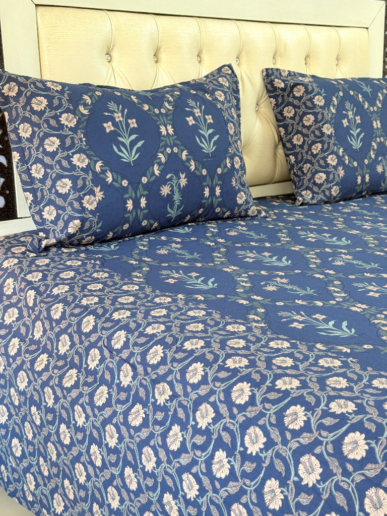 Blue and White Floral Grid Ajrakh Bedsheet