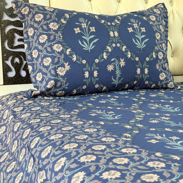 Blue and White Floral Grid Ajrakh Bedsheet