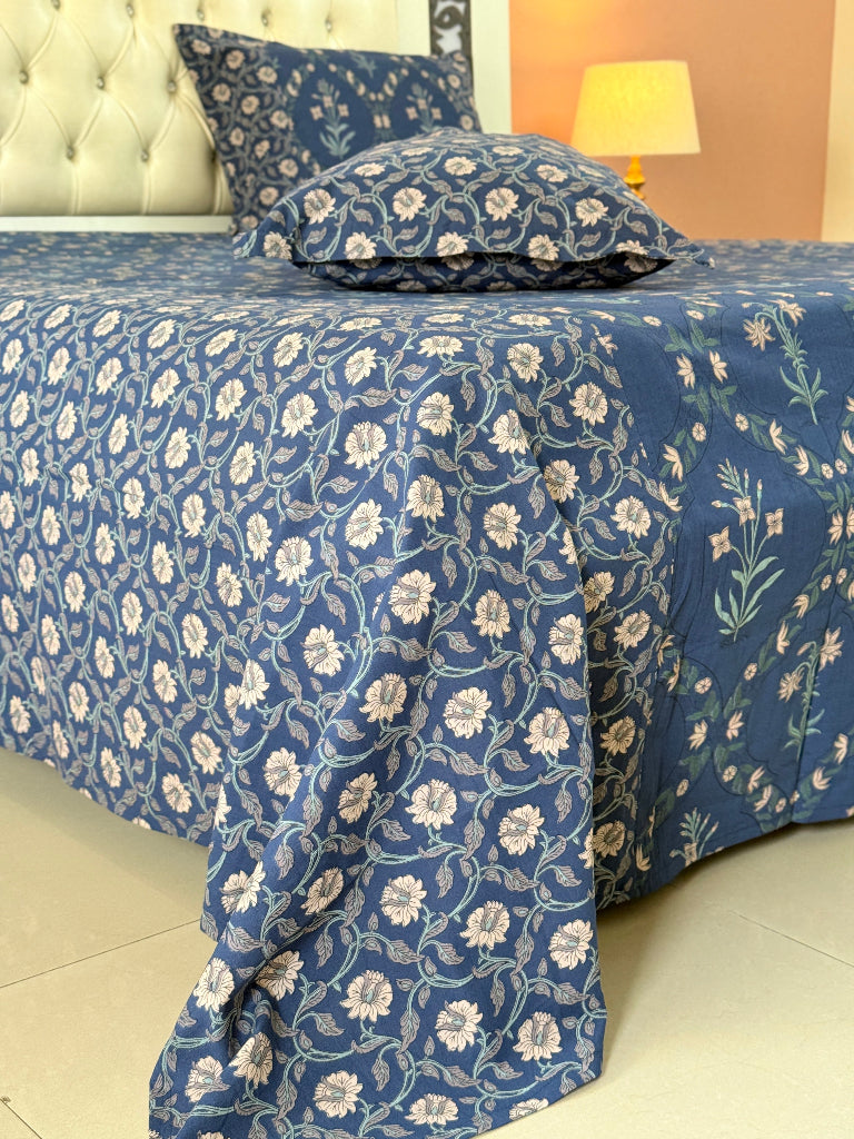 Blue and White Floral Grid Ajrakh Bedsheet