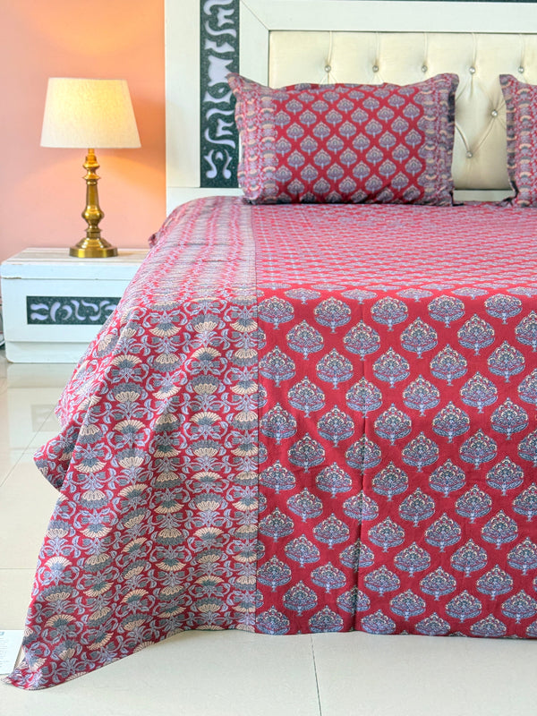Red and Blue Floral Charm Ajrakh Bedsheet