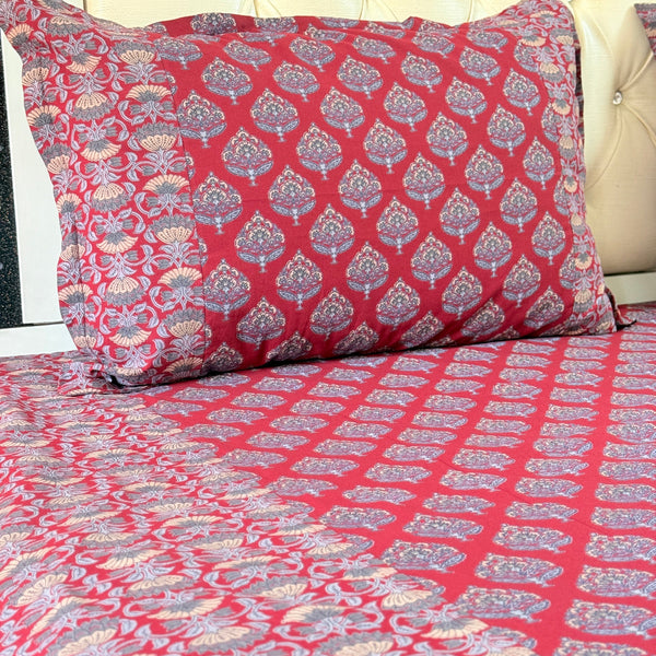 Red and Blue Floral Charm Ajrakh Bedsheet