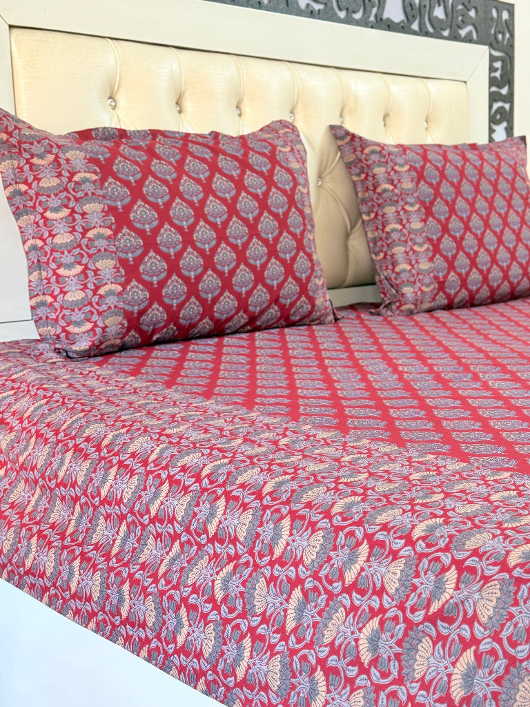 Red and Blue Floral Charm Ajrakh Bedsheet