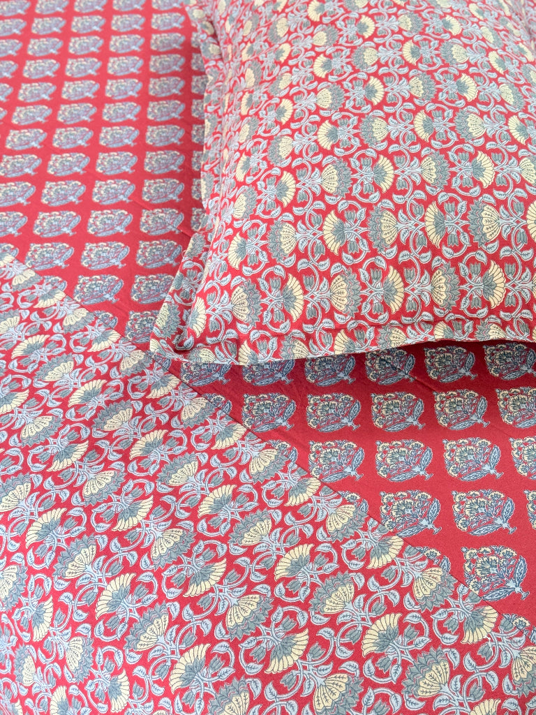 Red and Blue Floral Charm Ajrakh Bedsheet