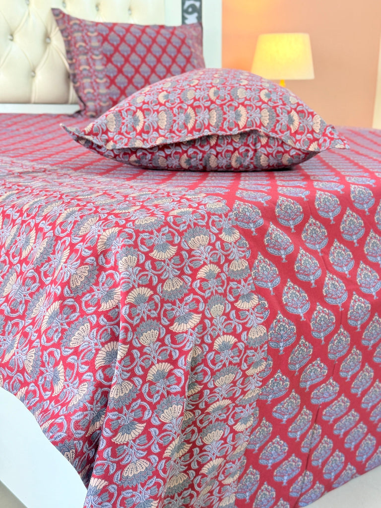 Red and Blue Floral Charm Ajrakh Bedsheet