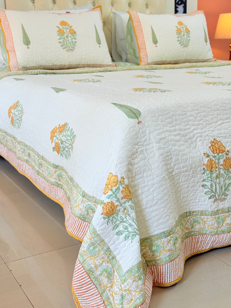 Floral Bliss Hand Blocked Quilted Bedcover