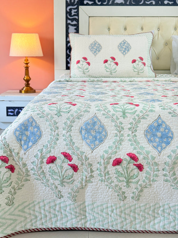 Spring Bloom Hand Blocked Quilted Bedcover