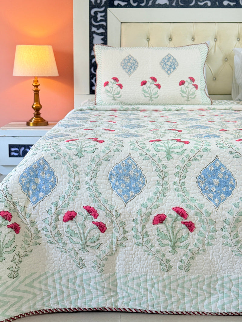 Spring Bloom Hand Blocked Quilted Bedcover
