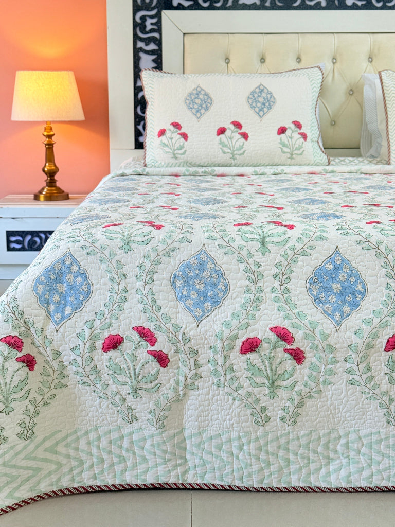 Spring Bloom Hand Blocked Quilted Bedcover
