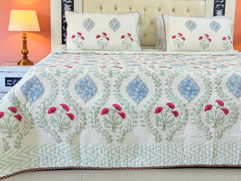 Spring Bloom Hand Blocked Quilted Bedcover
