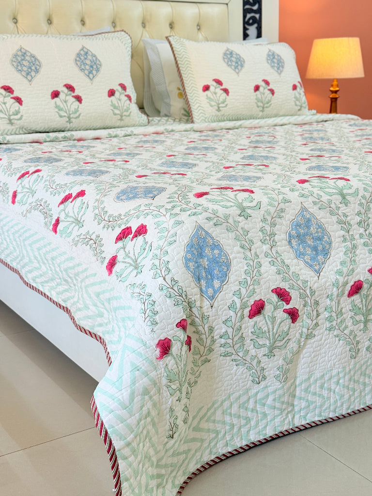 Spring Bloom Hand Blocked Quilted Bedcover