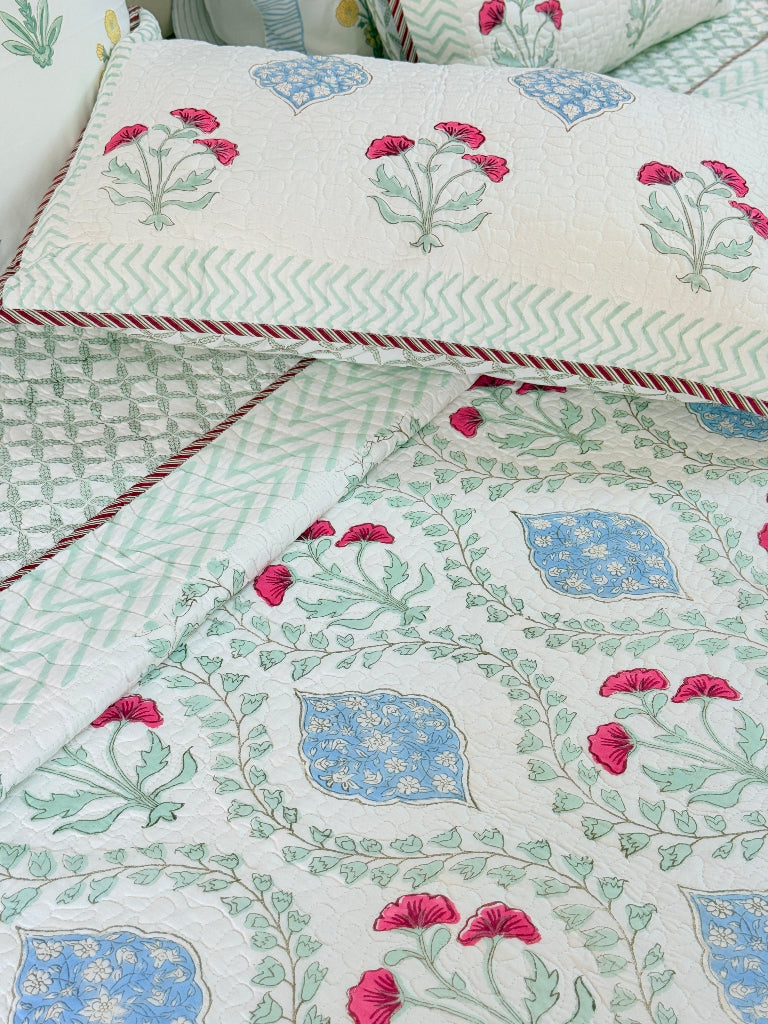 Spring Bloom Hand Blocked Quilted Bedcover