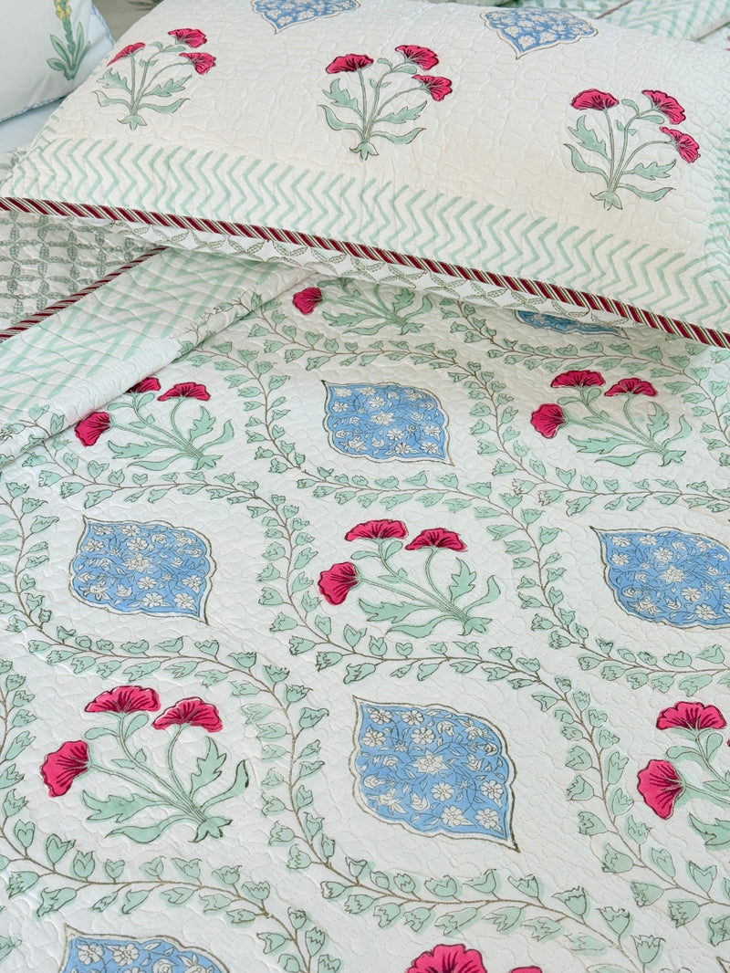 Spring Bloom Hand Blocked Quilted Bedcover