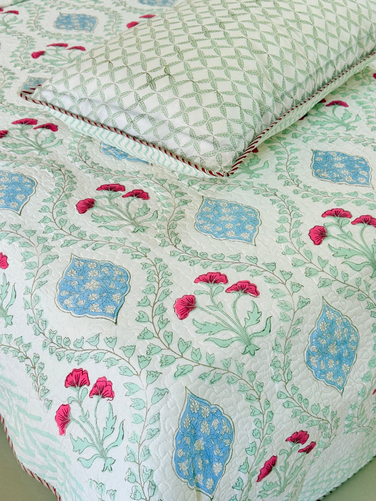 Spring Bloom Hand Blocked Quilted Bedcover