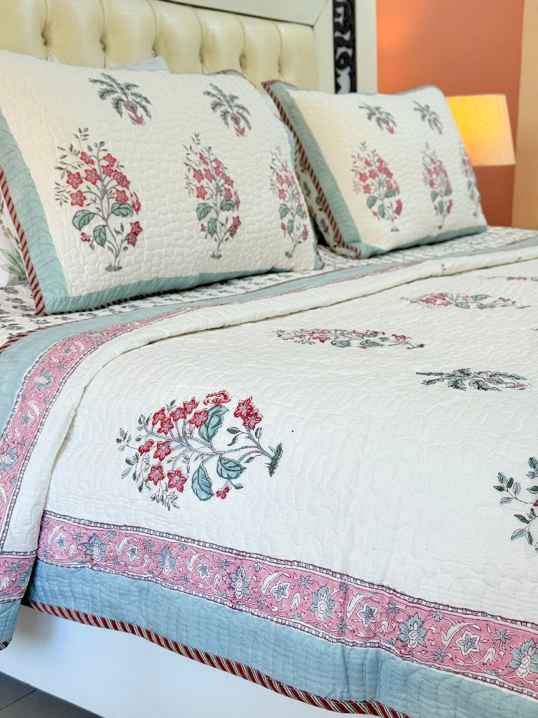 Garden's Charm Hand Blocked Quilted Bedcover