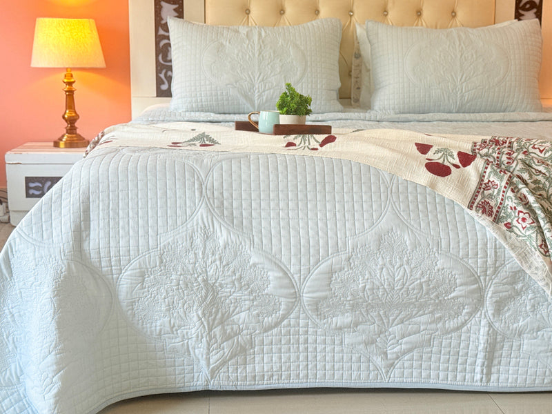 Powder Blue's Tranquility - Hand Blocked Quilted Bedcover