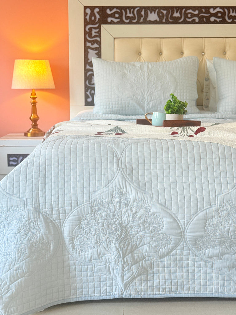 Powder Blue's Tranquility - Hand Blocked Quilted Bedcover