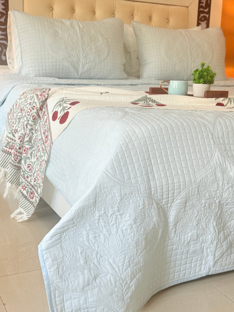 Powder Blue's Tranquility - Hand Blocked Quilted Bedcover