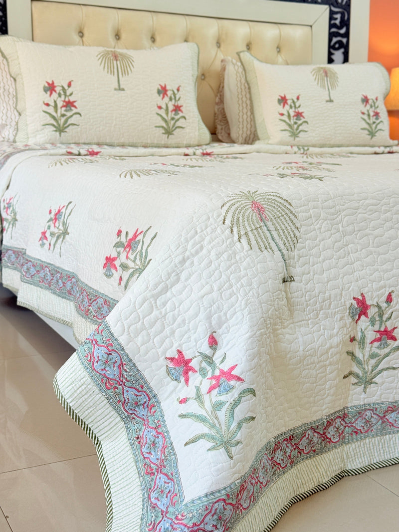Nature's Paradise Hand Blocked Quilted Bedcover