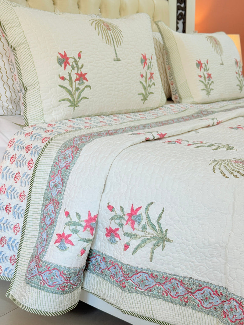 Nature's Paradise Hand Blocked Quilted Bedcover
