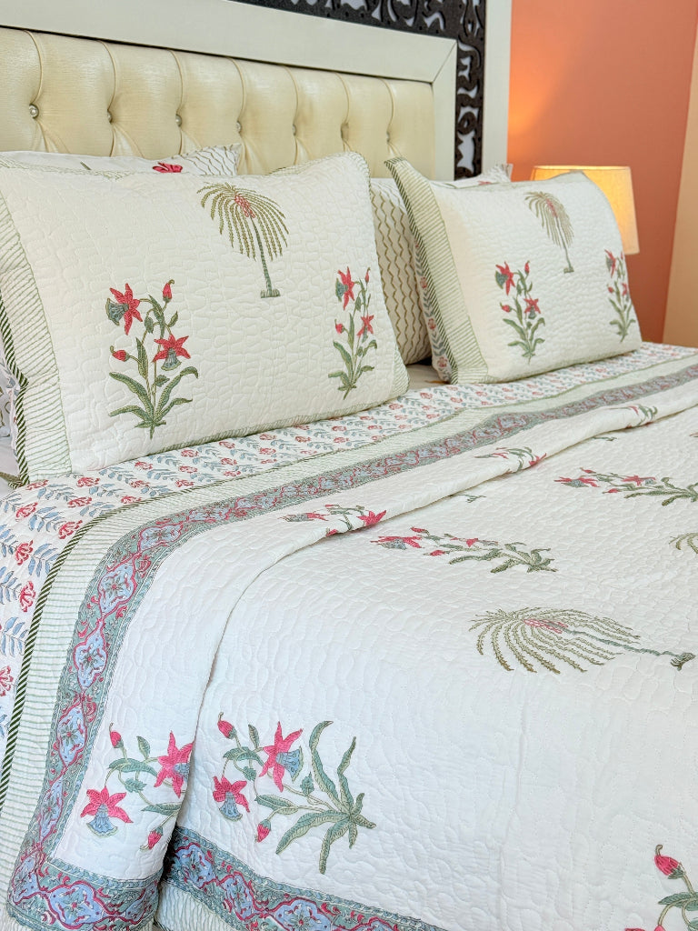 Nature's Paradise Hand Blocked Quilted Bedcover