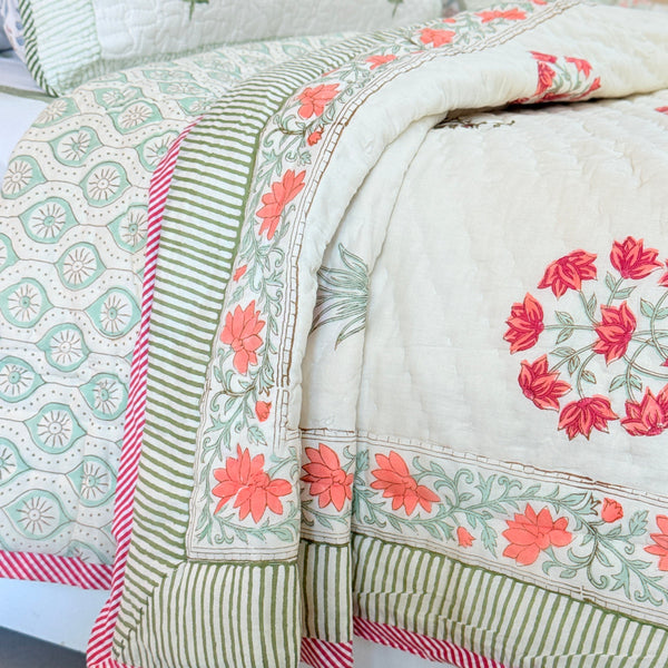 Gardenia Glow - Cream Base Double Hand-blocked Quilt