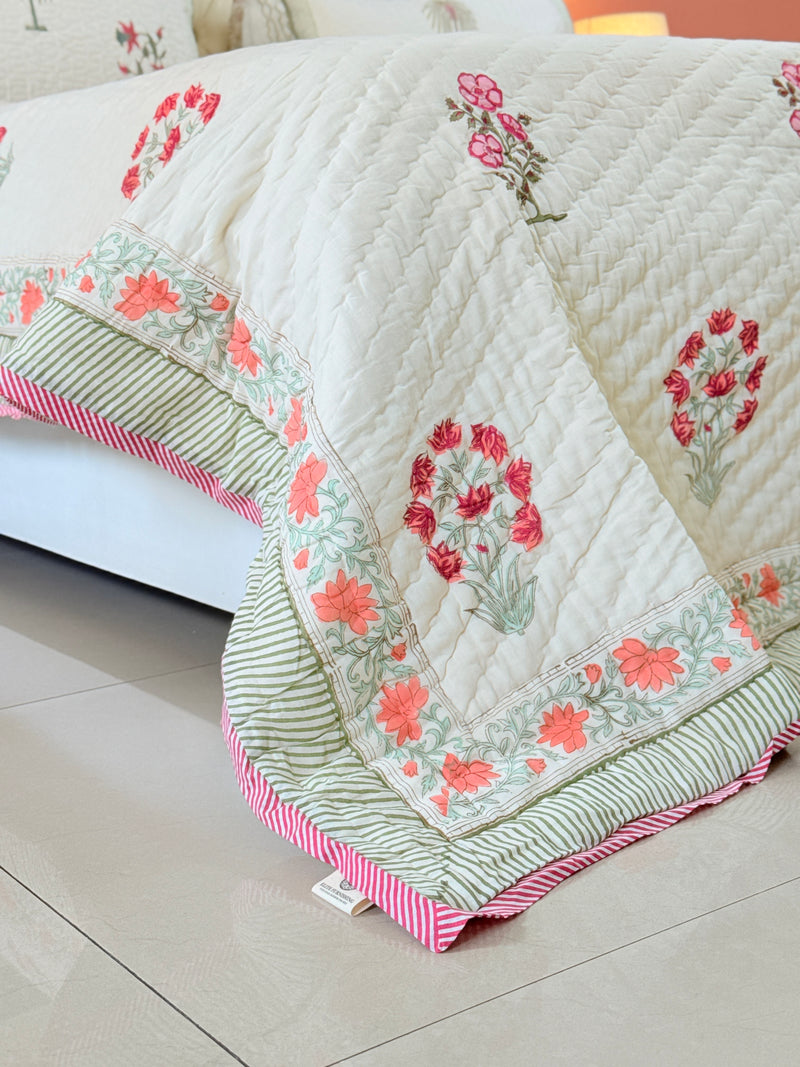 Gardenia Glow - Cream Base Double Hand-blocked Quilt