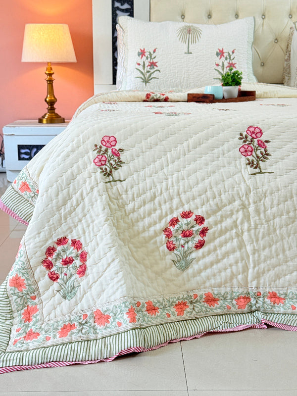 Gardenia Glow - Cream Base Double Hand-blocked Quilt