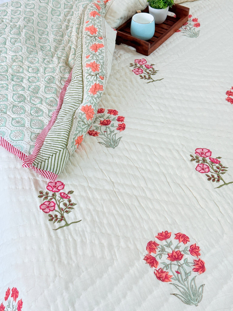 Gardenia Glow - Cream Base Double Hand-blocked Quilt