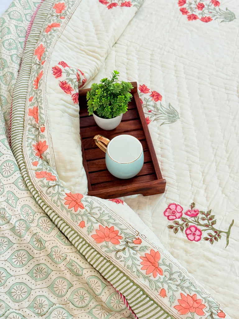 Gardenia Glow - Cream Base Double Hand-blocked Quilt