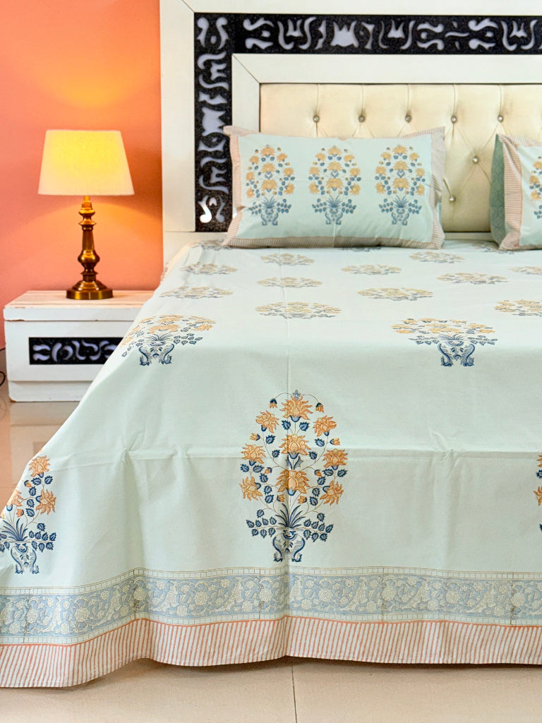 Mint Base Floral Motif Hand Blocked Sheet