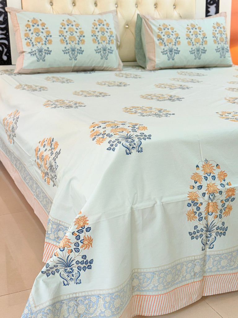 Mint Base Floral Motif Hand Blocked Sheet